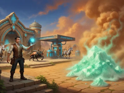 Un aventurier manipule de la poussiere delevage magique devant un bâtiment fantastique avec des créatures