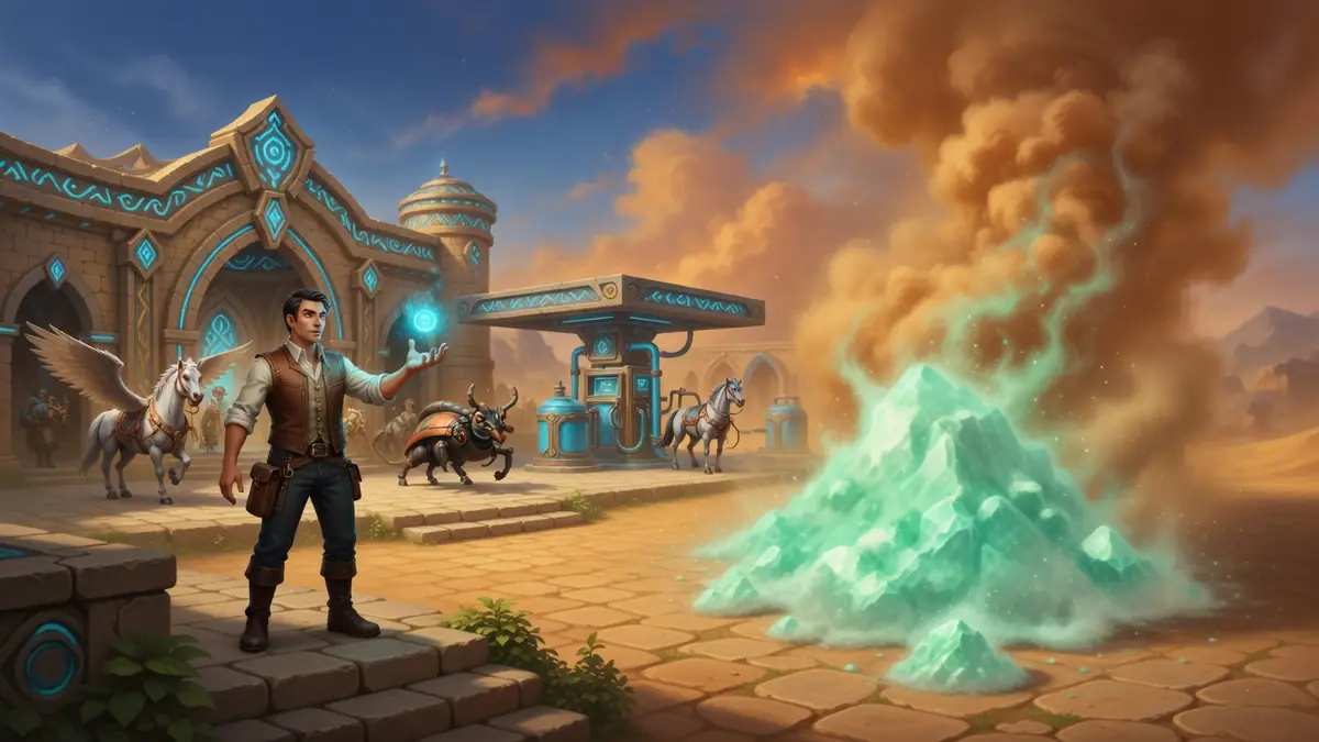 Un aventurier manipule de la poussiere delevage magique devant un bâtiment fantastique avec des créatures