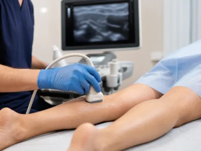 Examen de doppler veineux du mollet en cabinet medical.
