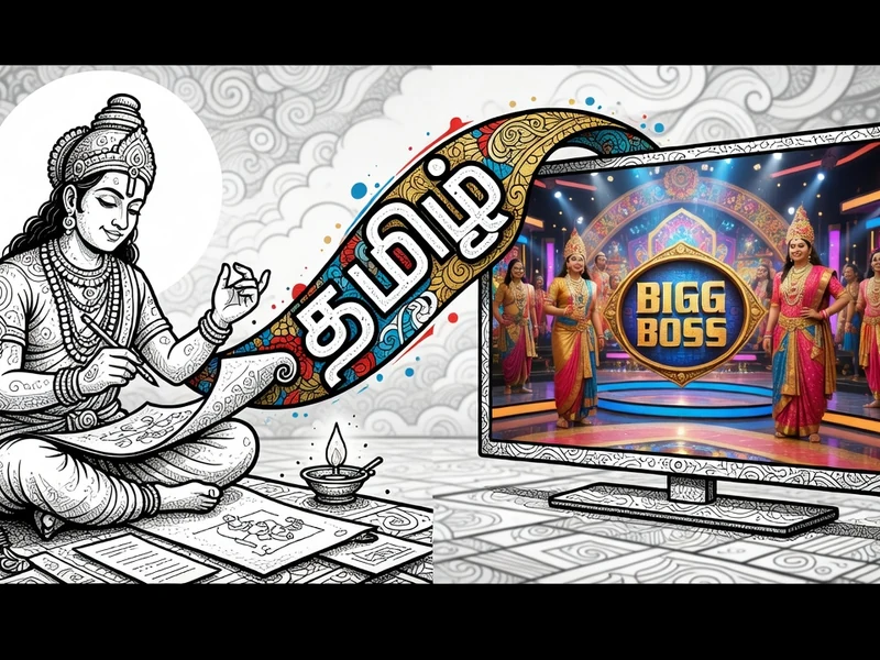 Le Tamil Doodle illustre une figure ancienne dessinant reliée à un grand écran de télévision
