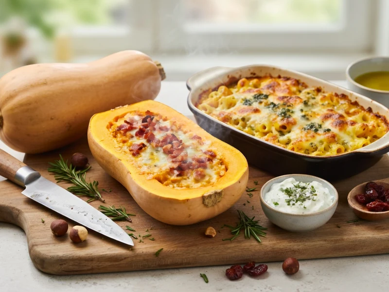 Ingrédients frais pour une recette butternut autour de la courge préparée