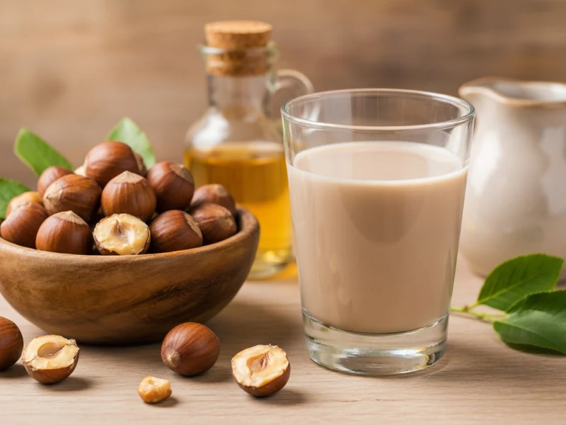 Un bol de noisettes et un verre de lait de noisette sont posés sur une table en bois