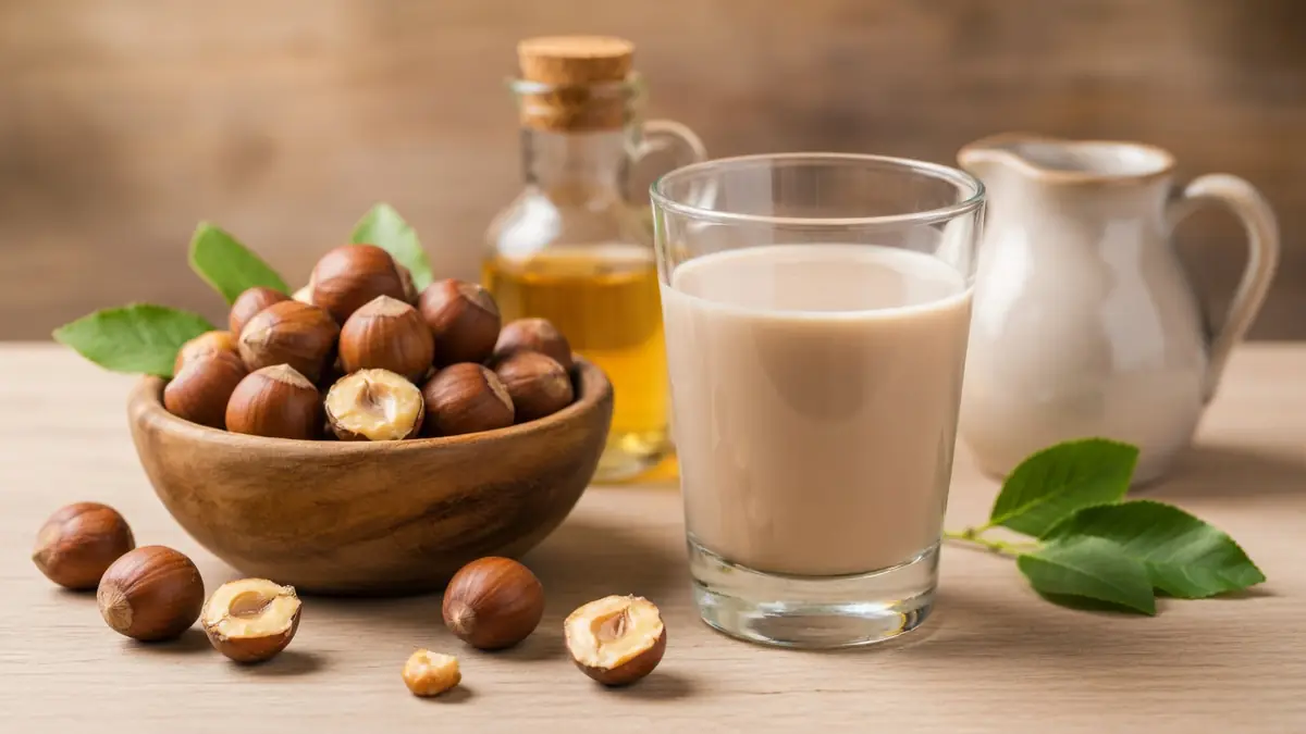 Un bol de noisettes et un verre de lait de noisette sont posés sur une table en bois