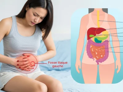 Une femme souffrant de douleur ventre gauche bas à côté d'un diagramme des organes abdominaux