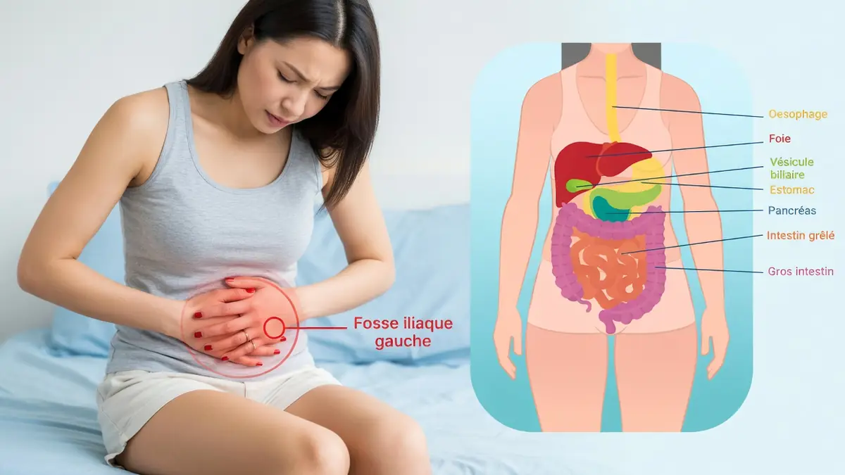 Une femme souffrant de douleur ventre gauche bas à côté d'un diagramme des organes abdominaux