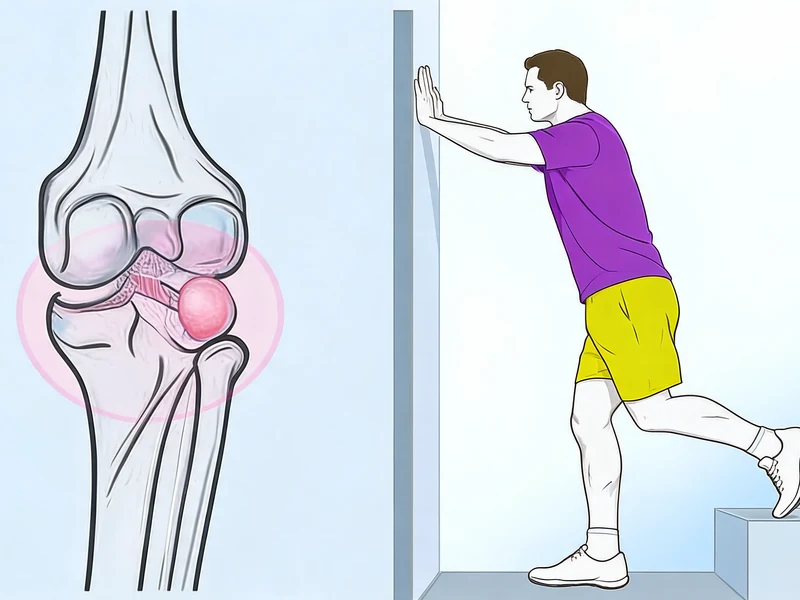 Schéma du genou et homme en étirement illustrant la douleur derrière le genou