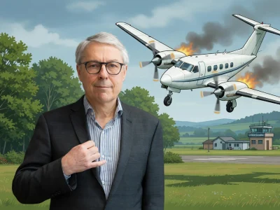 Portrait de Claude Guillemot devant un avion en flammes survolant un aérodrome