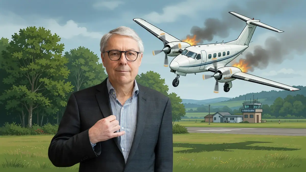 Portrait de Claude Guillemot devant un avion en flammes survolant un aérodrome