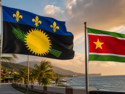 Deux visions de l'emblème de la Guadeloupe flottent face à la mer au coucher du soleil.