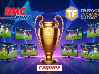 Des écrans diffusant des matchs entourent un trophée de ligues des Champions chaîne