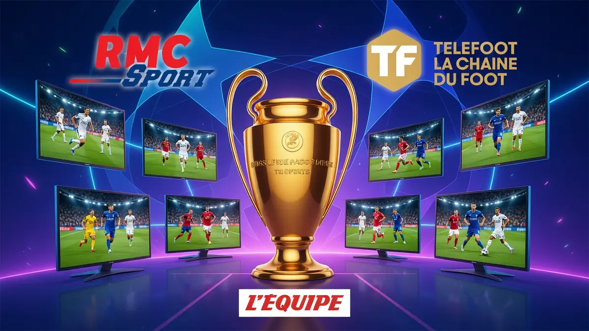 Des écrans diffusant des matchs entourent un trophée de ligues des Champions chaîne