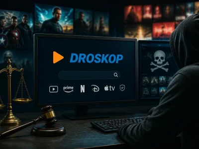 Une personne utilise le dispositif de visualisation Droskop pour comparer les plateformes de streaming légales et illégales