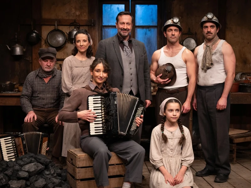 Une famille ouvrière avec du charbon dans les veines pose entourée d'accordéons et de charbon