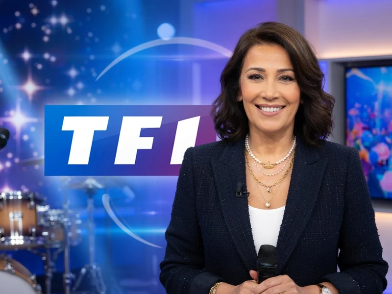 Karima Charni sourit dans un studio télévisé en tenant un micro devant elle