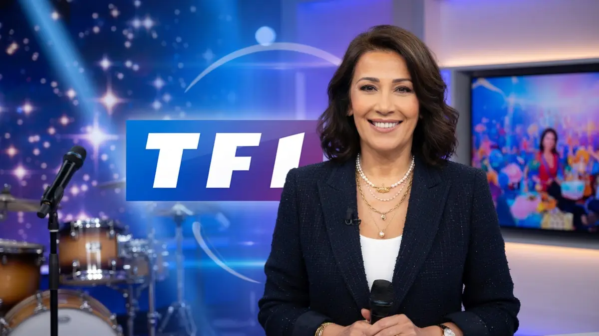 Karima Charni sourit dans un studio télévisé en tenant un micro devant elle