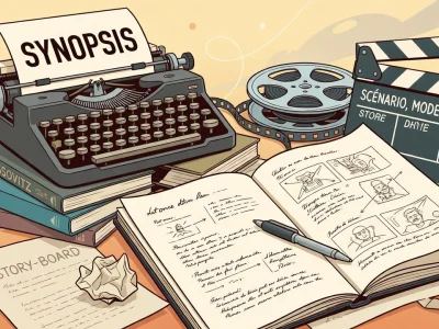 Une machine à écrire, des bobines de film et des notes de scénario illustrent l'univers créatif du synopsis Mag