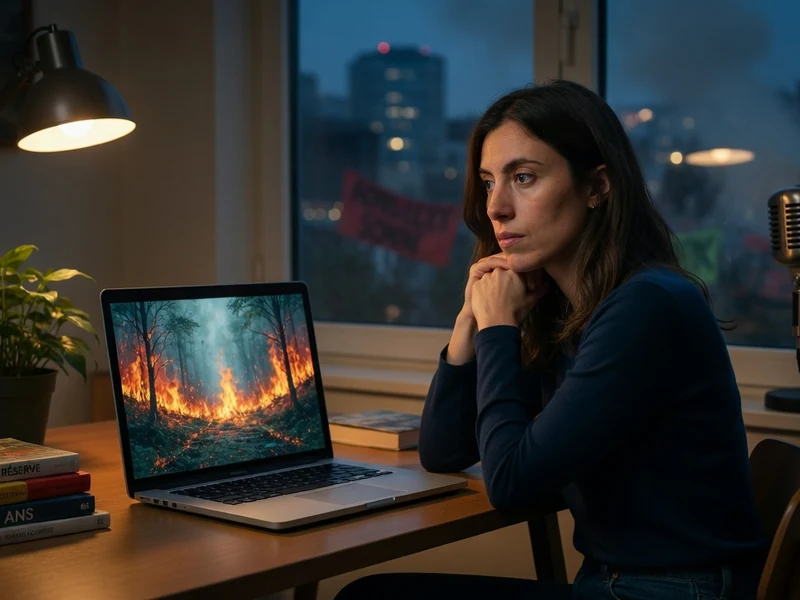 Hélène Zimmer est assise devant un ordinateur portable montrant un feu de forêt