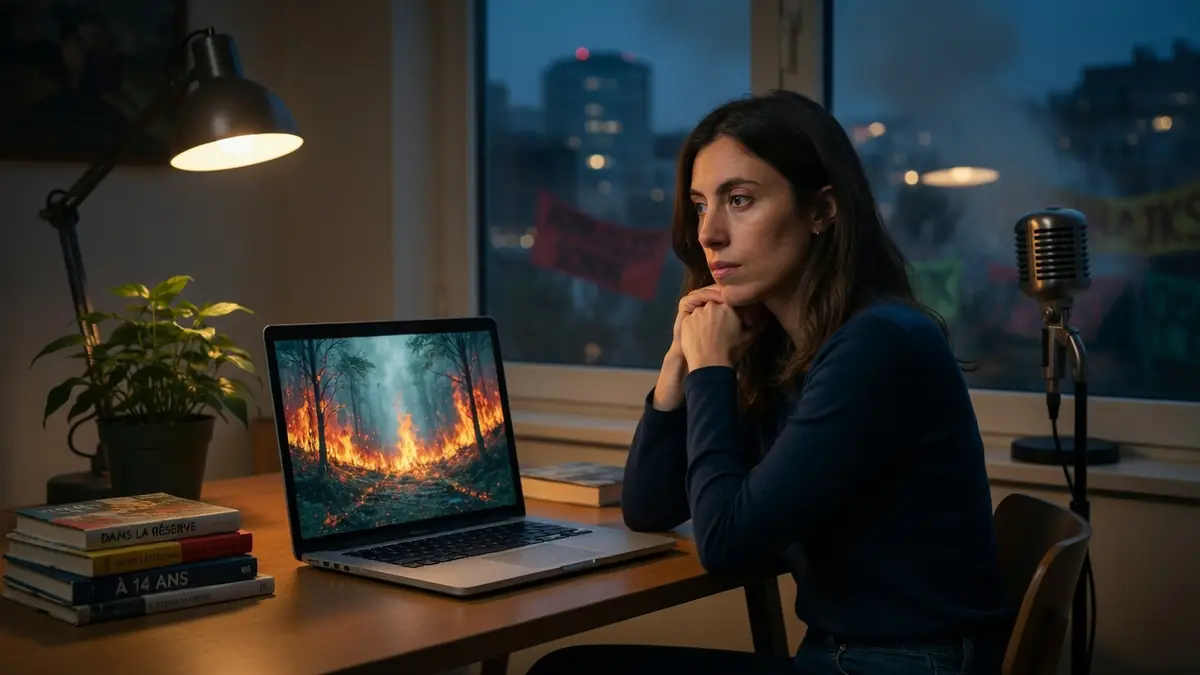 Hélène Zimmer est assise devant un ordinateur portable montrant un feu de forêt