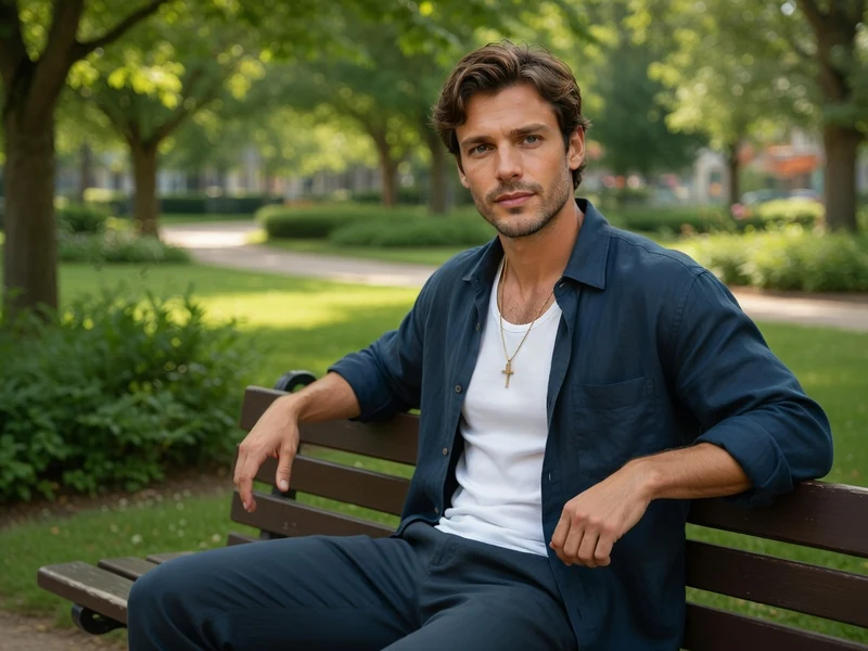 Martin Cannavo assis sur un banc dans un parc verdoyant