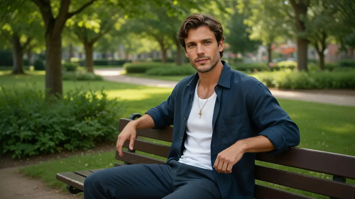 Martin Cannavo assis sur un banc dans un parc verdoyant