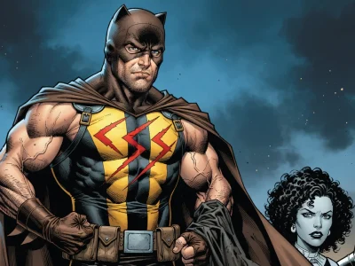 Catman se tient en costume de superhéros jaune et noir avec deux personnages en fond