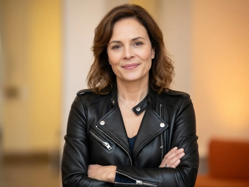 Armelle Deutsch se tient les bras croisés en veste de cuir noire