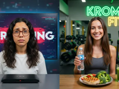 Une femme confuse regarde le streaming à gauche et une sportive souriante tient une bouteille près d'un repas à droite pour Kromiz