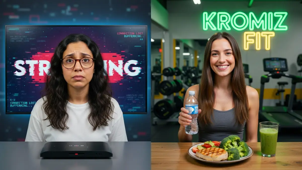 Une femme confuse regarde le streaming à gauche et une sportive souriante tient une bouteille près d'un repas à droite pour Kromiz