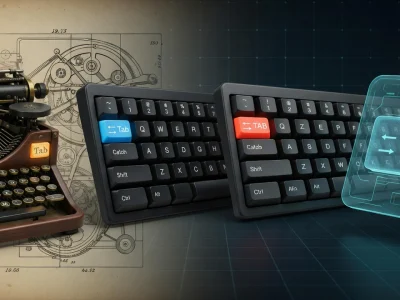 Une machine à écrire ancienne côtoie des claviers modernes et un hologramme de la touche Tab du clavier