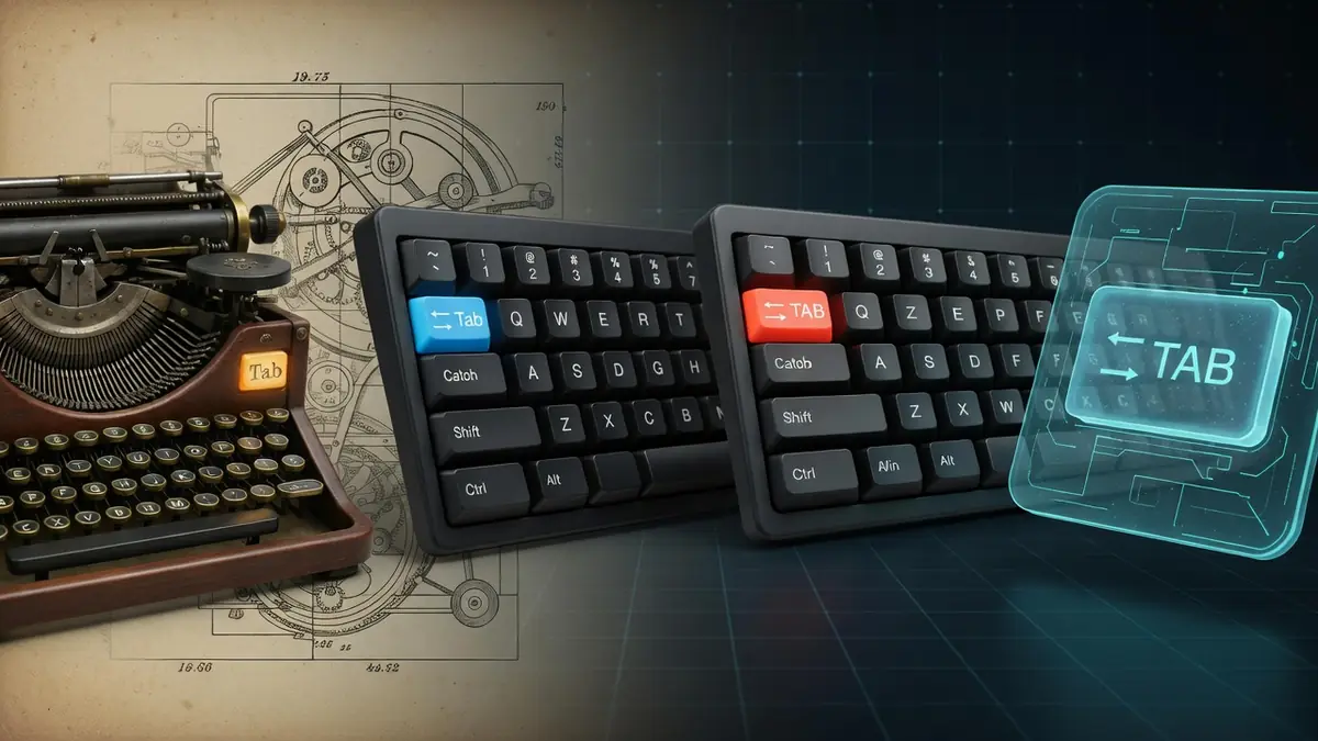 Une machine à écrire ancienne côtoie des claviers modernes et un hologramme de la touche Tab du clavier