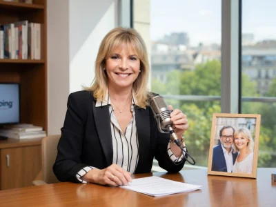 Catherine Falgayrac sourit en tenant un microphone dans un bureau professionnel