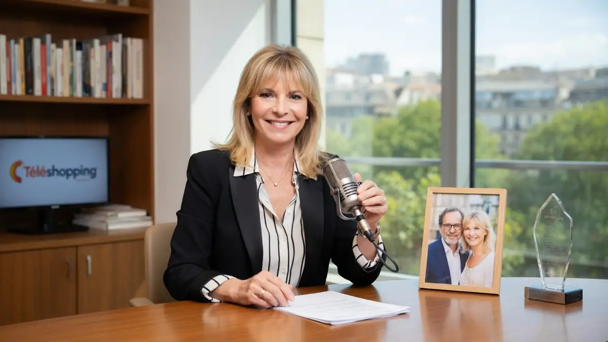 Catherine Falgayrac sourit en tenant un microphone dans un bureau professionnel