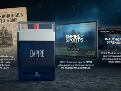 L'Empire Sport est représenté par un flacon bleu entouré d'un document ancien et d'écrans numériques