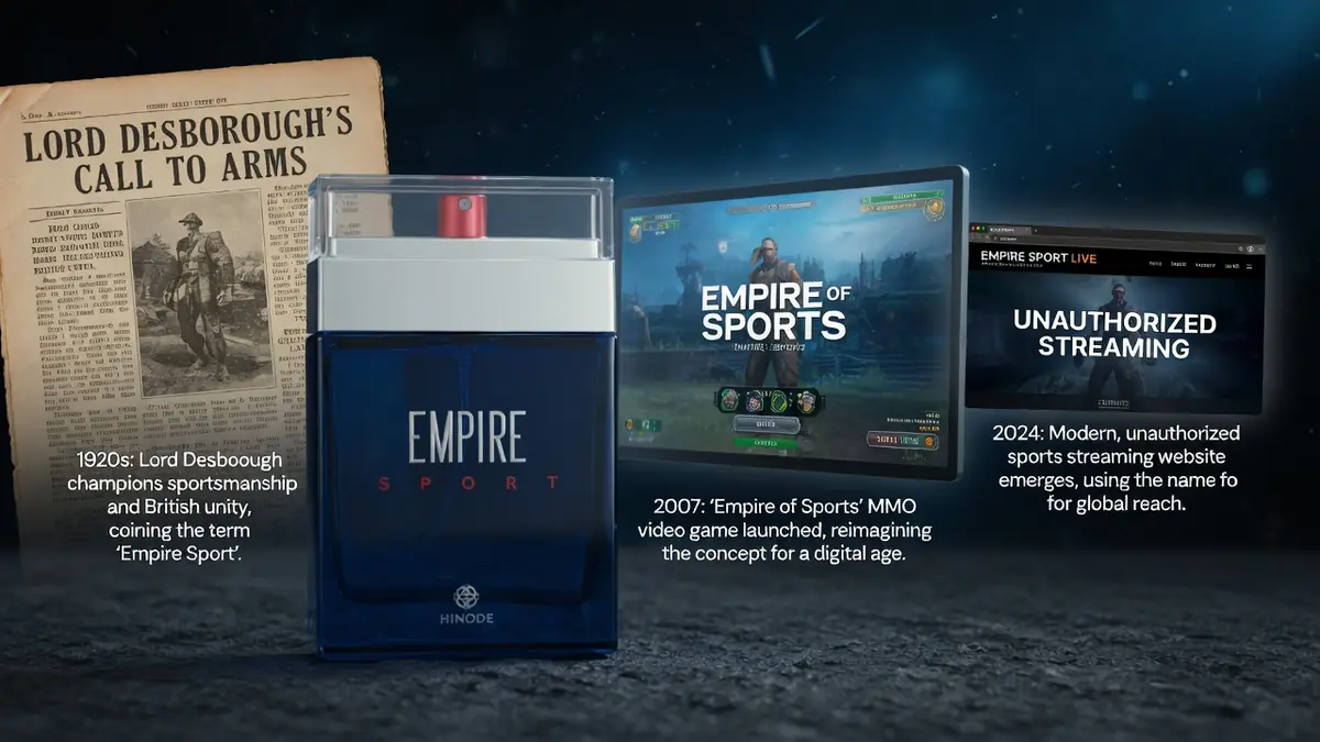 L'Empire Sport est représenté par un flacon bleu entouré d'un document ancien et d'écrans numériques