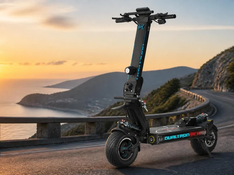 La trottinette électrique Dualtron X Limited garée sur une route côtière au coucher du soleil