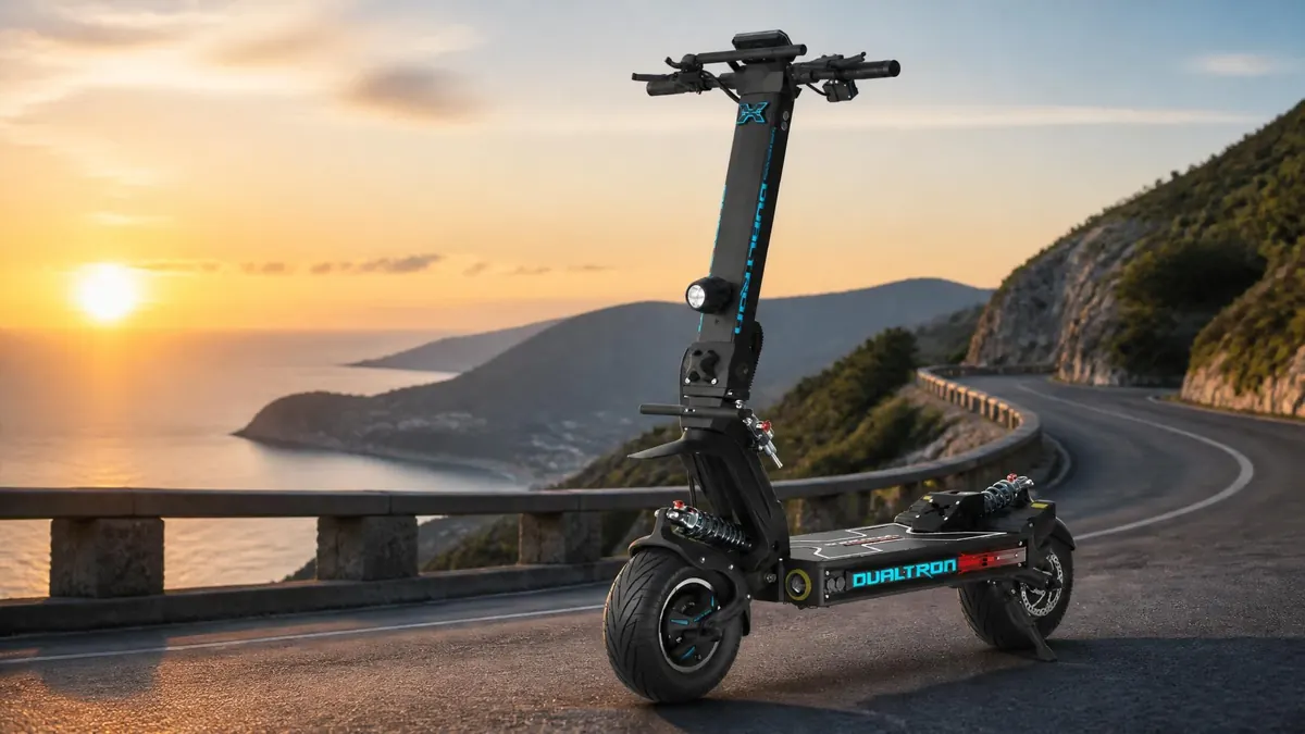 La trottinette électrique Dualtron X Limited garée sur une route côtière au coucher du soleil
