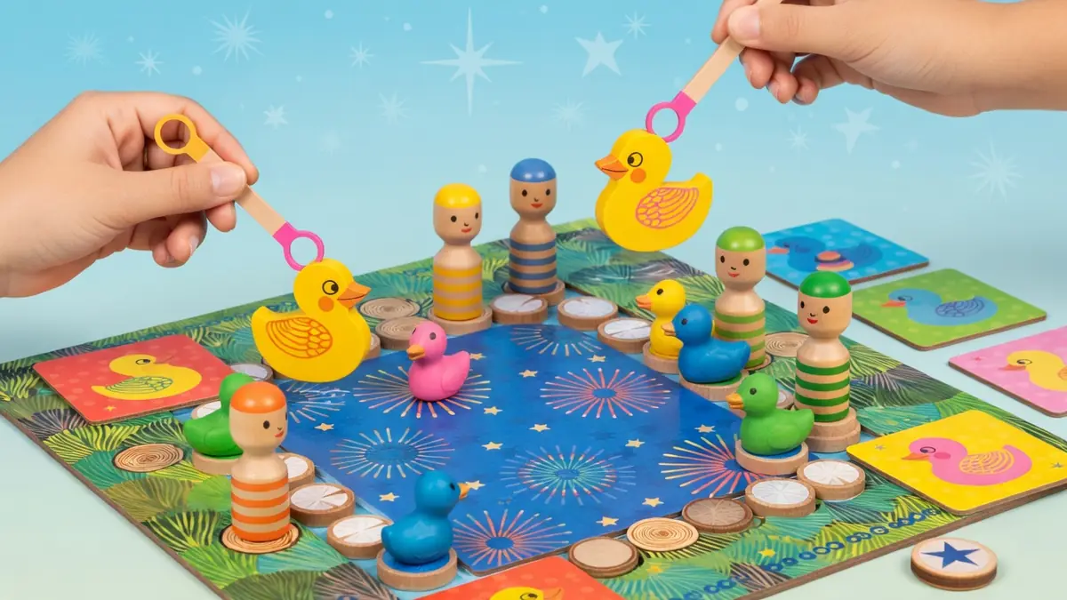 Des mains tiennent des canards au-dessus d'un plateau de Ducky Ducky rempli de figurines en bois
