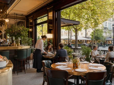 Salle élégante du Dupont Durand ouverte sur une terrasse arborée.