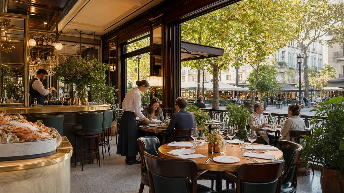 Salle élégante du Dupont Durand ouverte sur une terrasse arborée.