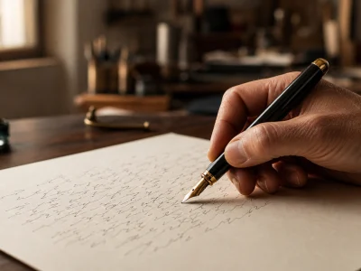 Un instrument d'écriture Dupont posé sur un bureau en bois lors d'une séance d'écriture.