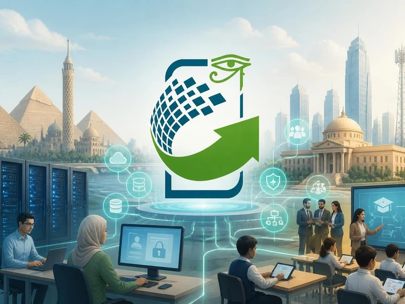 Représentation symbolique de la transformation numérique en Égypte avec le système E Serve au cœur des infrastructures