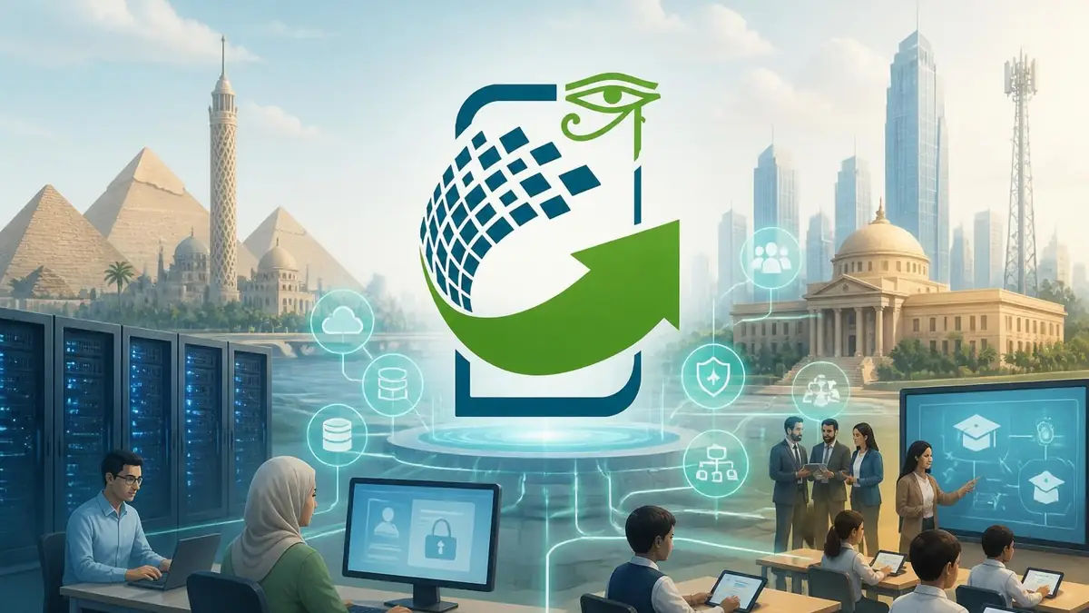 Représentation symbolique de la transformation numérique en Égypte avec le système E Serve au cœur des infrastructures