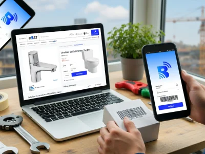 Un artisan utilise la plateforme Ebatpro sur son ordinateur et son smartphone pour gérer ses commandes de matériel