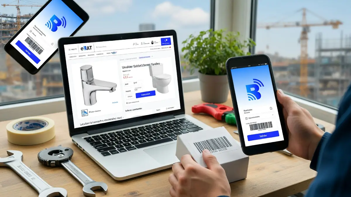 Un artisan utilise la plateforme Ebatpro sur son ordinateur et son smartphone pour gérer ses commandes de matériel