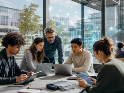 Des étudiants utilisent eCampus Paris Saclay dans un espace universitaire connecté.
