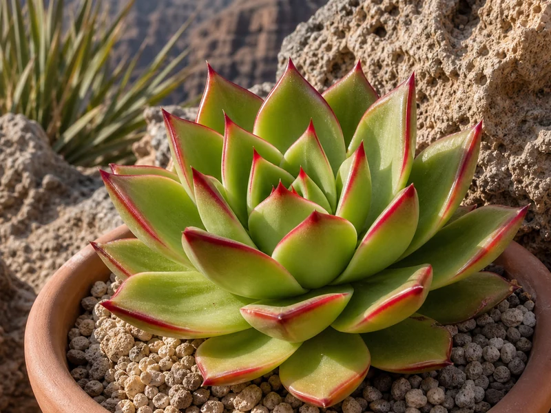 Un echeveria agavoide aux bords rouges dans un décor rocheux aride.