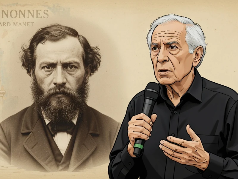 L'illustration présente eduardo manet tenant un micro près d'un portrait historique