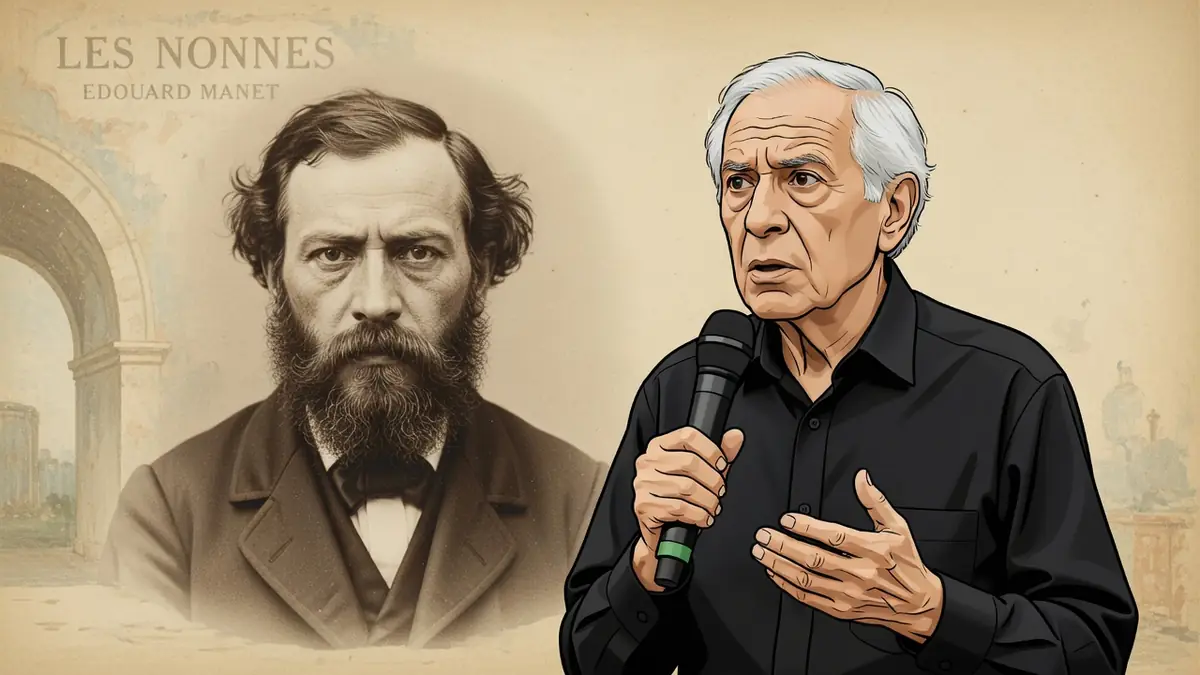 L'illustration présente eduardo manet tenant un micro près d'un portrait historique
