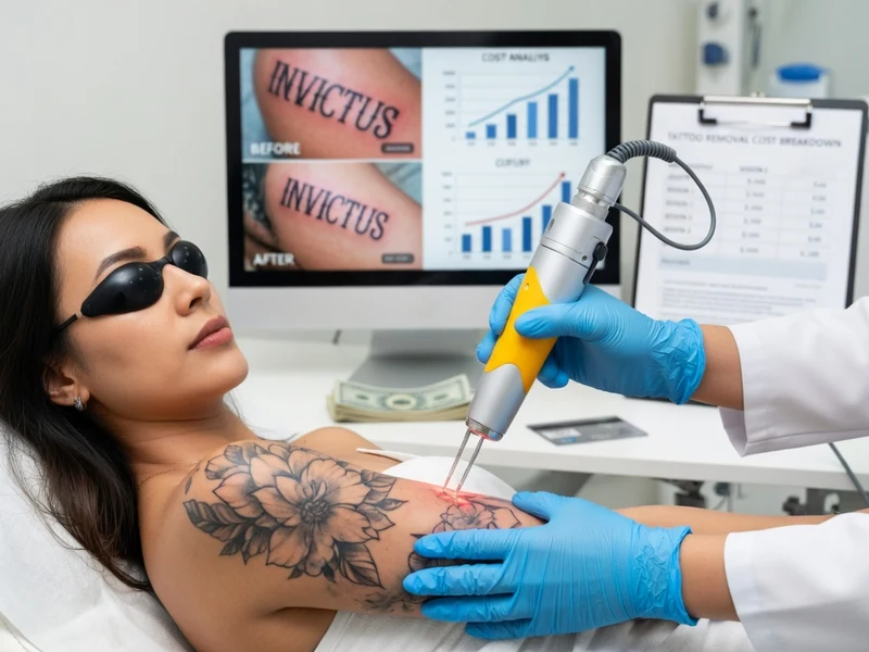Une femme reçoit un détatouage prix au laser sur son épaule tatouée par une professionnelle en blouse