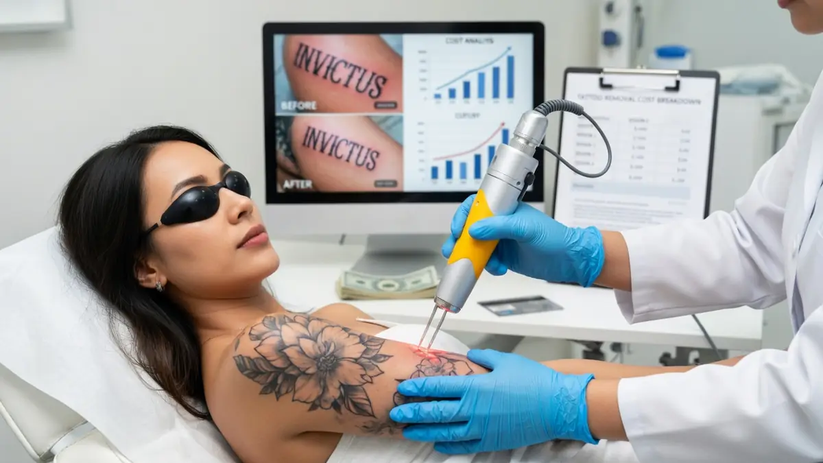 Une femme reçoit un détatouage prix au laser sur son épaule tatouée par une professionnelle en blouse